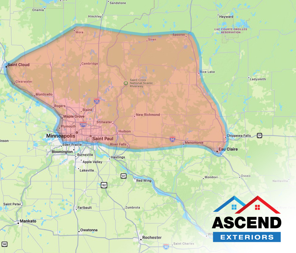 Map with a red radius overlay that covered northeast side of the Minnesota Twin Cities Metro and all the way into Western Wisconsin.